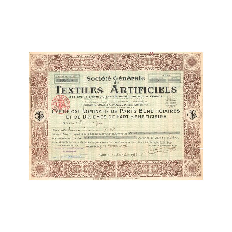 Sté Gale de Textiles Artificiels (Certif Nomin de PB et 10ème PB)