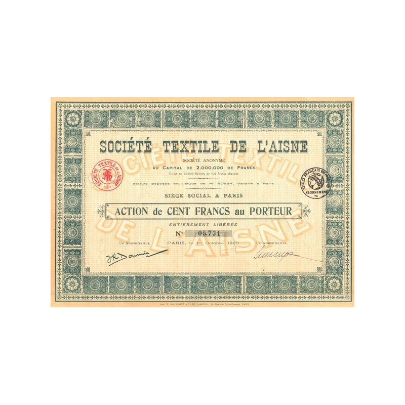 Sté Textile de l'Aisne (Act 100 F)