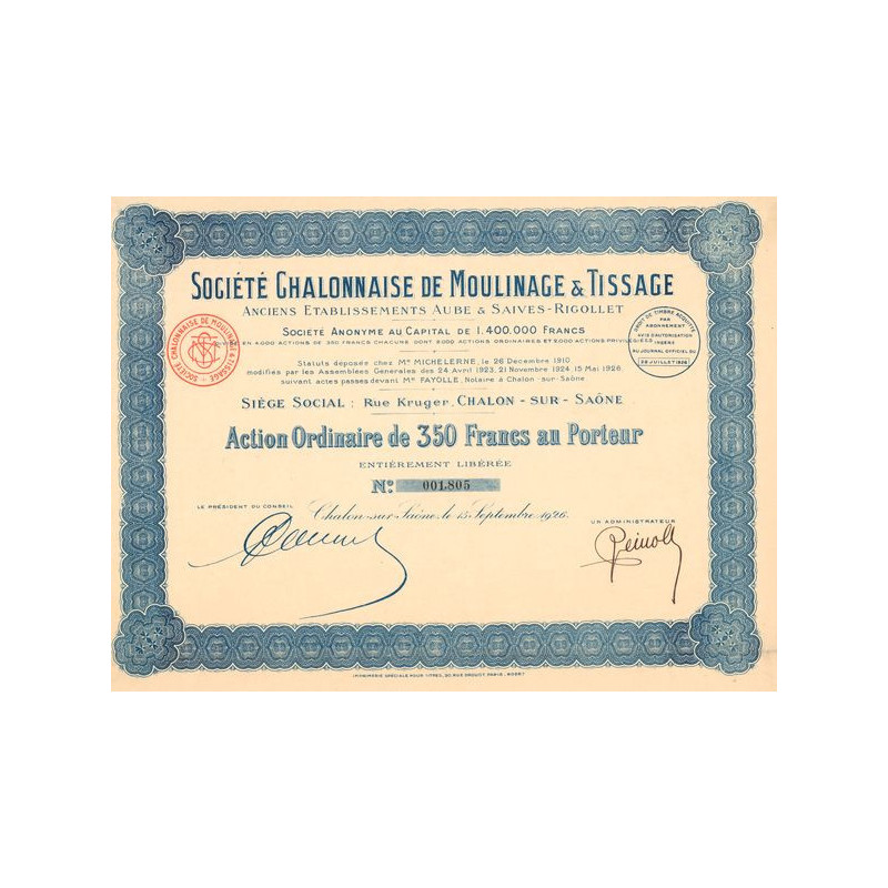 Sté Chalonnaise de Moulinage & Tissage - Anc Ets Aube & Saives-Rigollet (Act O 350 F)