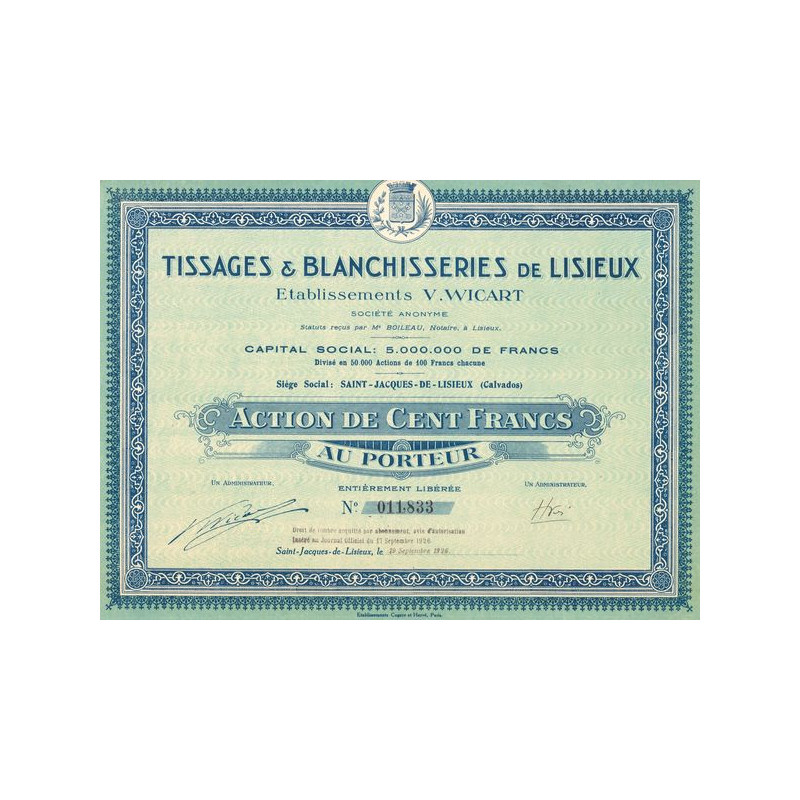 Tissages & Blanchisseries de Lisieux - Ets V.Wicart (Act 100 F)