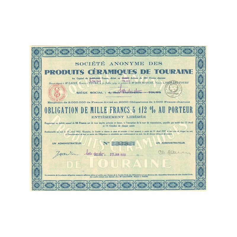 S.A. des Produits Céramiques de Touraine (Obl 1000 F 5 1/2%)