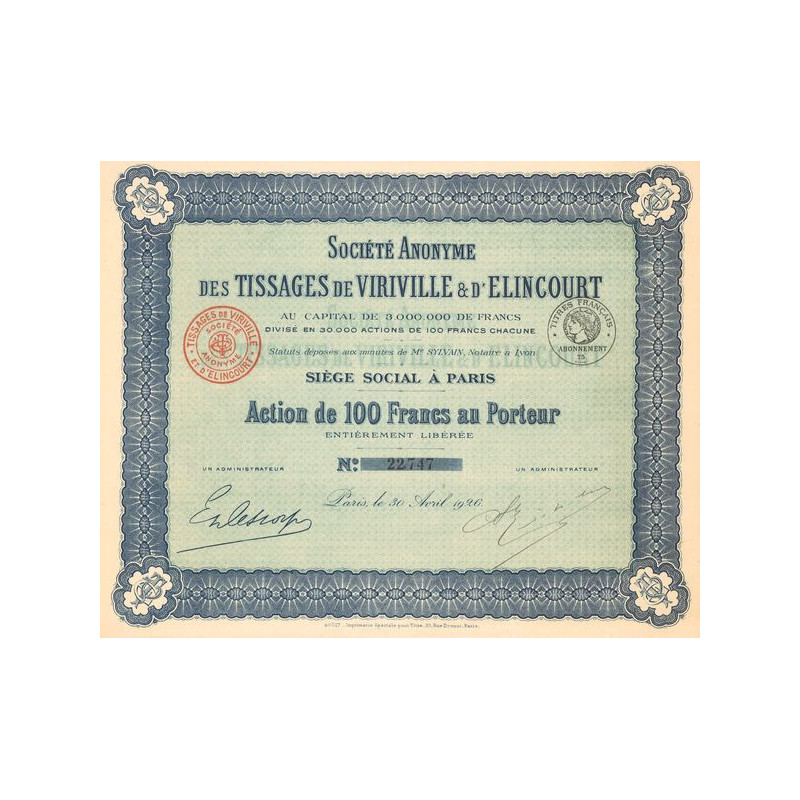 S.A. des Tissages de Viriville & d'Elincourt (Act 100 F)