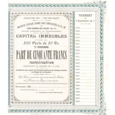 Sté Civile Libre des Employés P.-L.-M. de Saint-Germain-des-Fossés (Allier) - Sté Coopérative de Consommation (Part 50 F Nomin)(