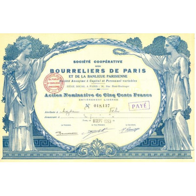 Sté Coopérative des Bourreliers de Paris et de la Banlieue Parisienne (Act Nomin 500 F)