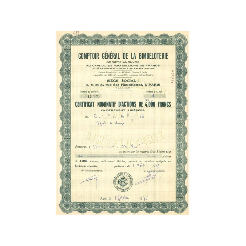 Comptoir Gale de la Bimbeloterie (Certif Nomin Act 40 F)