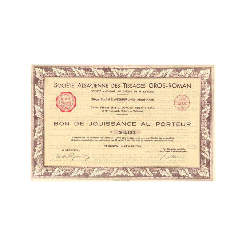 Sté Alsacienne des Tissages GROS-ROMAN (Bon Jouissance)