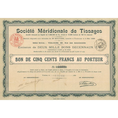 Sté Méridionale de Tissages (Bon 500 F) (1929)