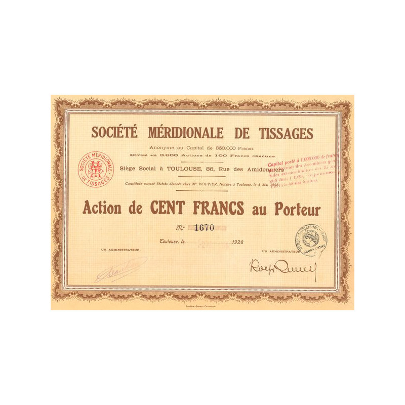 Sté Méridionale de Tissages (Bon 500 F) (1928)