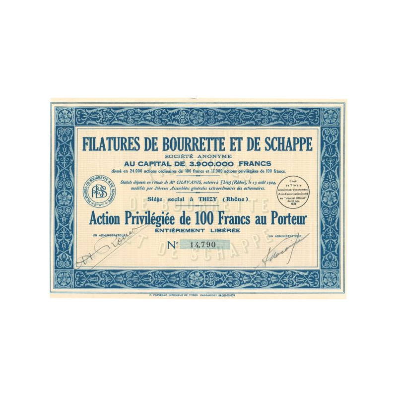 Filatures de Bourrette et de Schappe (Act Priv 100 F)