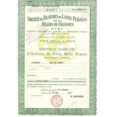 Sté des Filatures de Laines Peignées de la Région de Fourmies S.F.R.F (Certif Nomin Act 5000 F)