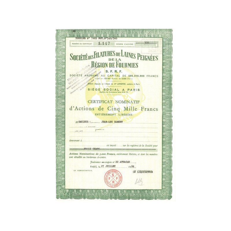 Sté des Filatures de Laines Peignées de la Région de Fourmies S.F.R.F (Certif Nomin Act 5000 F)