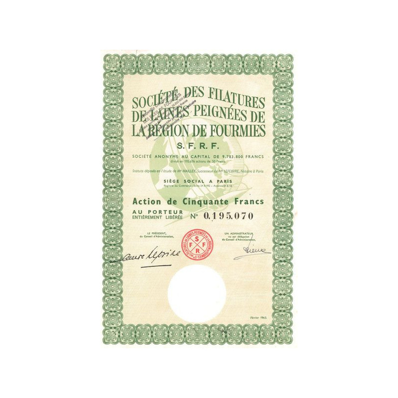 Sté des Filatures de Laines Peignées de la Région de Fourmies S.F.R.F (Act 50 F) (Modele 2) 1963