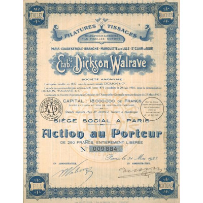 Filatures Tissages Toiles à Voiles & à Baches - Fils - Ficelles - Cotons - Ets Dickson Walrave (Act 250 F)