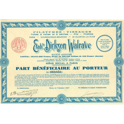 Filatures Tissages Toiles à Voiles & à Baches - Fils - Ficelles - Cotons - Ets Dickson Walrave (PB)