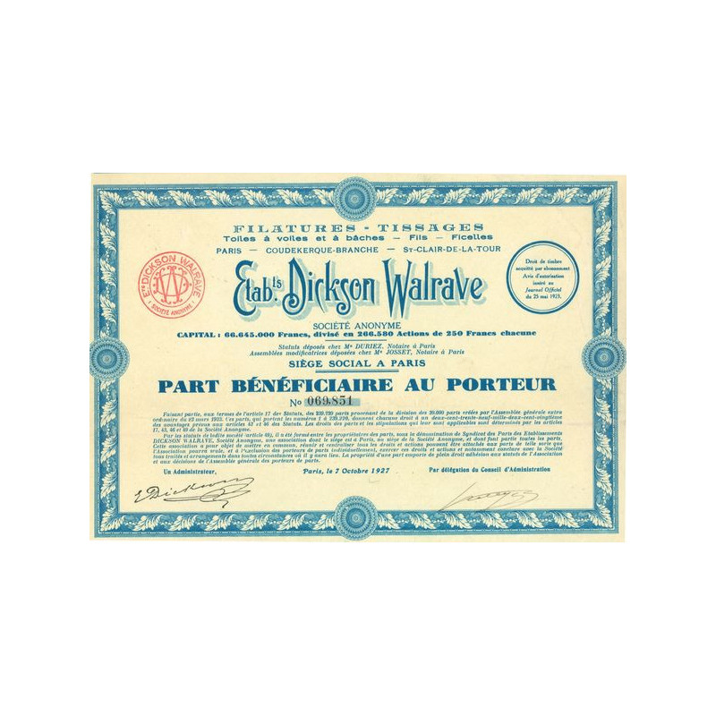 Filatures Tissages Toiles à Voiles & à Baches - Fils - Ficelles - Cotons - Ets Dickson Walrave (PB)