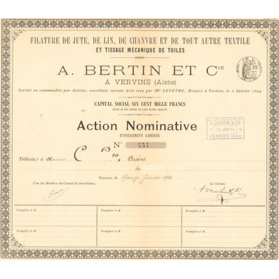 Filature de Jute. de Lin. de Chanvre et de tout Autre Textile et Tissage Mécanique de Toiles - A. Bertin et Cie (Act Nomin)