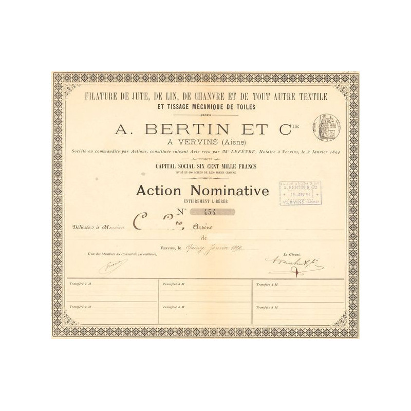 Filature de Jute. de Lin. de Chanvre et de tout Autre Textile et Tissage Mécanique de Toiles - A. Bertin et Cie (Act Nomin)