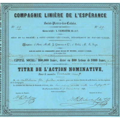 Compagnie Linière de l'Espérance de Saint-Pierre-les-Calais (Act Nomin 1000 F)