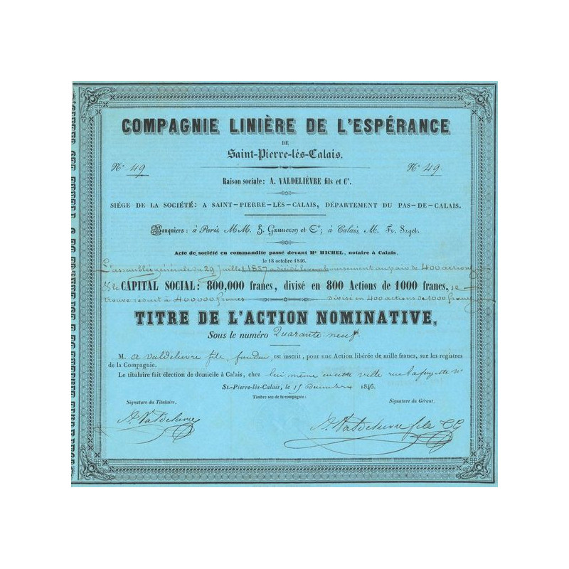 Compagnie Linière de l'Espérance de Saint-Pierre-les-Calais (Act Nomin 1000 F)