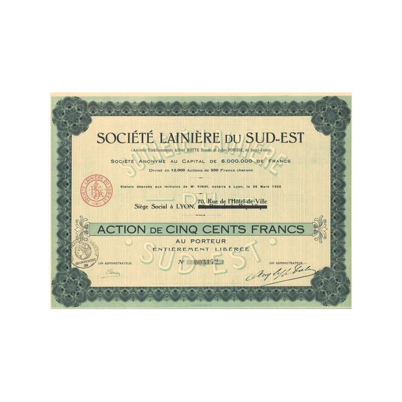 Sté Lainière du Sud-Est (Anc Ets Alfred Motte Frères et Jules Porisse de Saint-Fons) (Act 500 F)