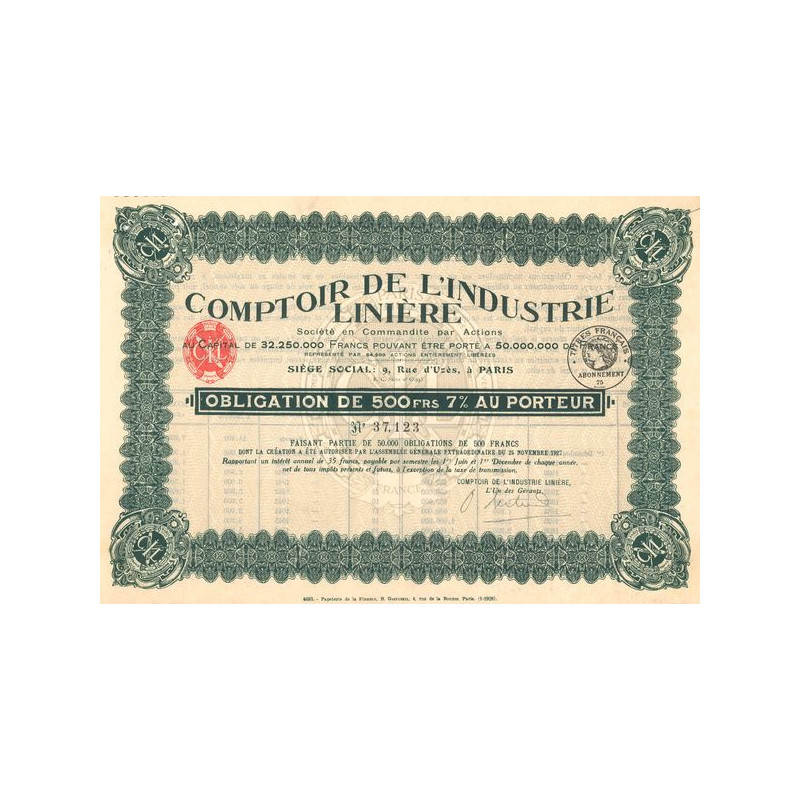 Comptoir de l'Industrie Linière (Act 500 F 7%)