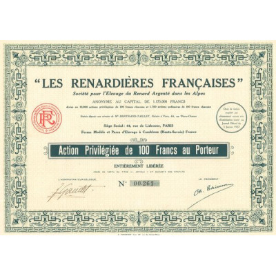 "Les Renardières Françaises" - Sté pour l'Elevage du Renard Argenté dans les Alpes (Act Priv 100 F)