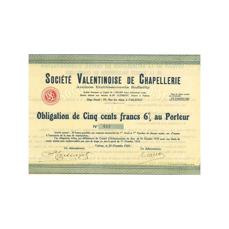 Sté Valentinoise de Chapellerie (Anciens Ets Raffaëlly) (Obl 500 F 6%)