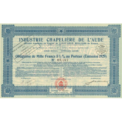 Industrie Chapelière de l'Aude (Obl 1000 F 5% 1/2)