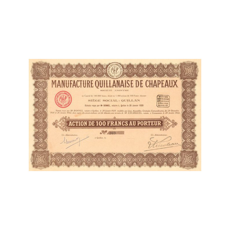 Manufacture Quillanaise de Chapeaux (Act 100 F)