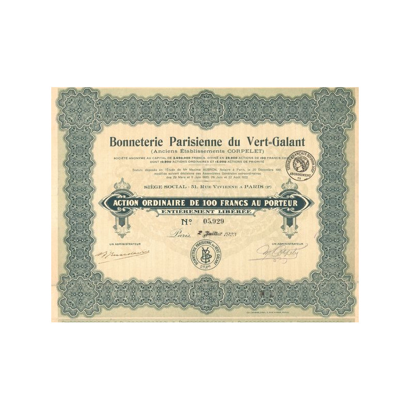 Bonneteries Parisienne du Vert-Galant (Anc Ets Corpelet)(Act O 100 F)