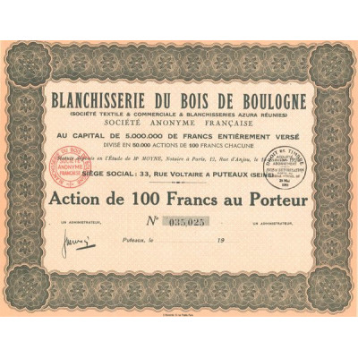 Blanchisserie du Bois de Boulogne (Sté Textile & Commerciale & Blanchisseries Azura réunies) (Act 100 F)
