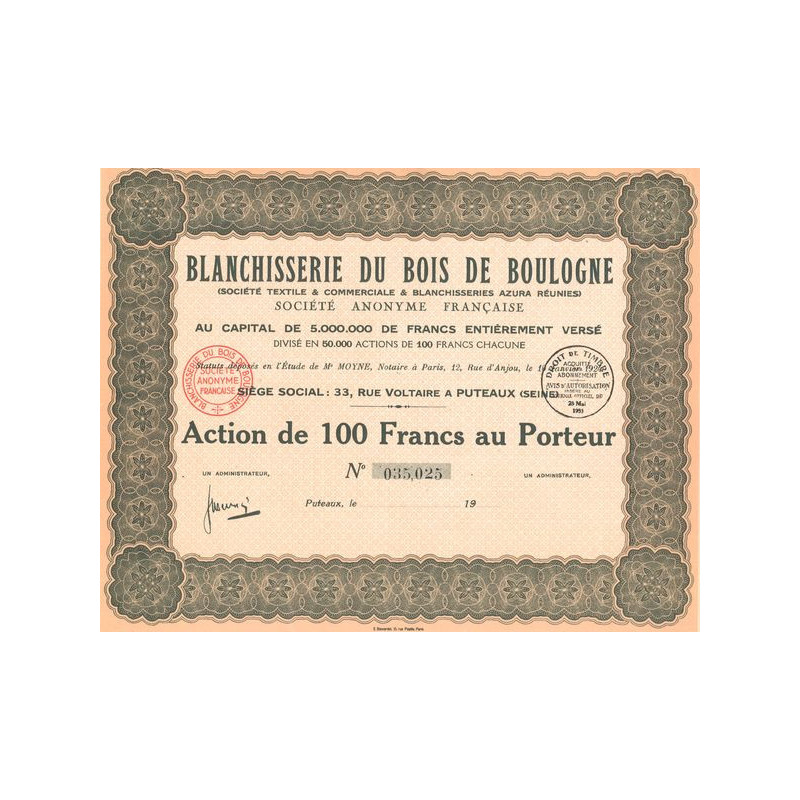 Blanchisserie du Bois de Boulogne (Sté Textile & Commerciale & Blanchisseries Azura réunies) (Act 100 F)