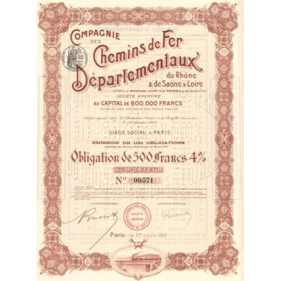 Cie de Chemins de Fer Départementaux du Rhône & de Saône-&-Loire (Lignes de Monsols à Cluny & de Monsols à La Clayette) (Obl 500