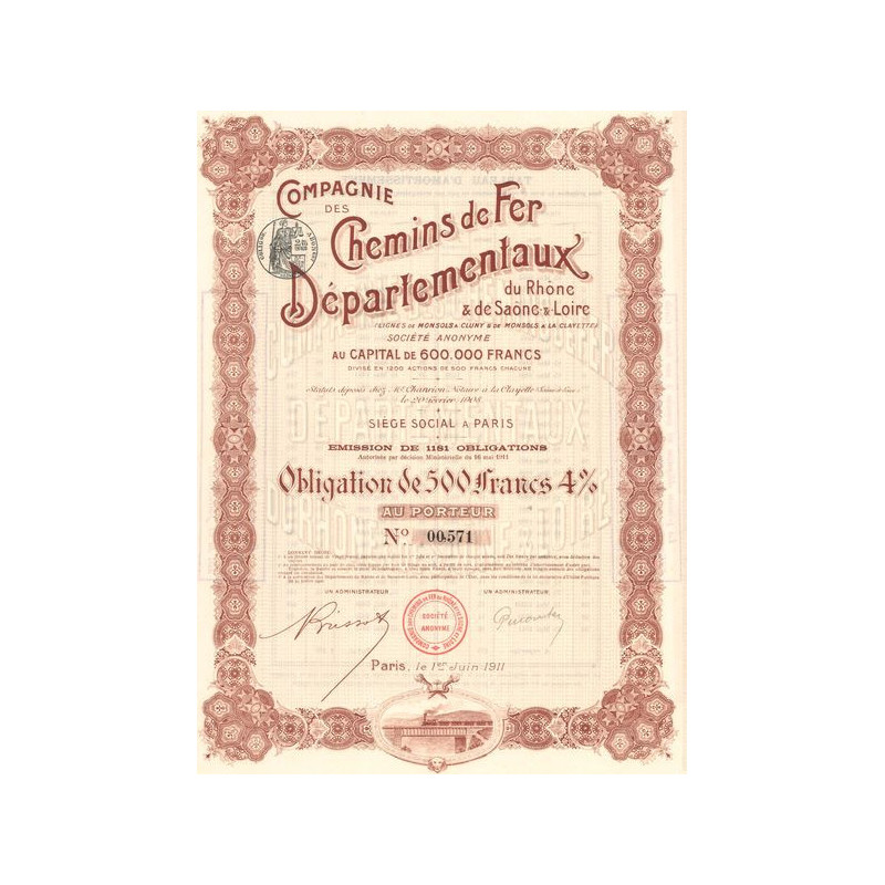 Cie de Chemins de Fer Départementaux du Rhône & de Saône-&-Loire (Lignes de Monsols à Cluny & de Monsols à La Clayette) (Obl 500