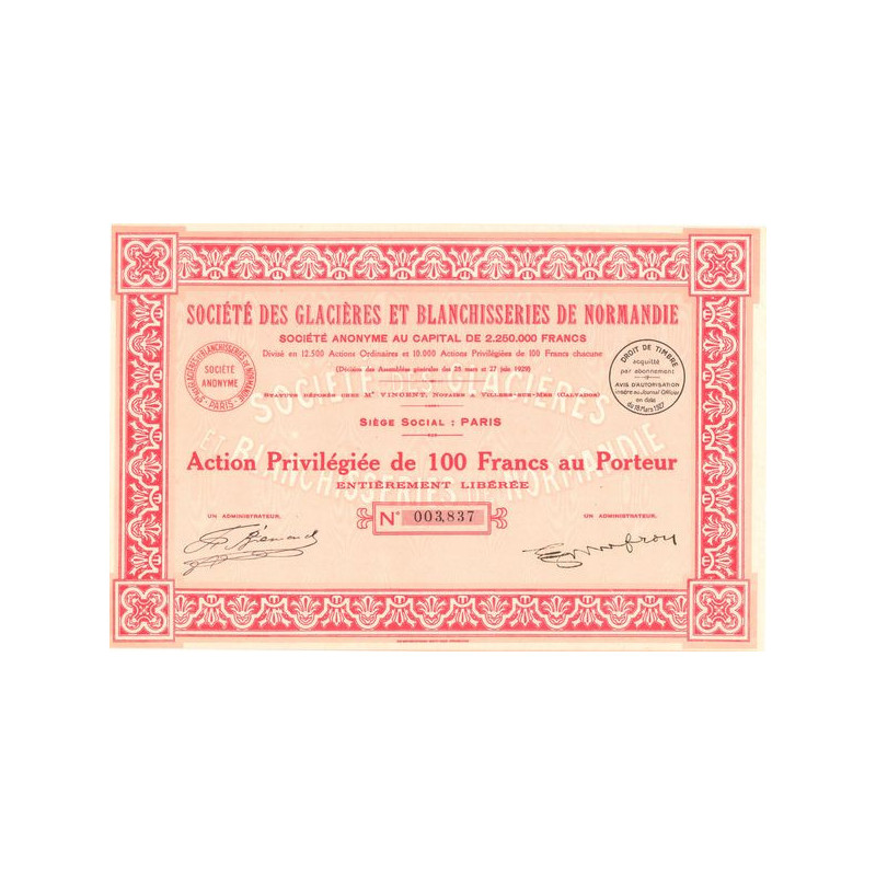 Sté des Glacières et Blanchisseries de Normandie (Act P 100 F)