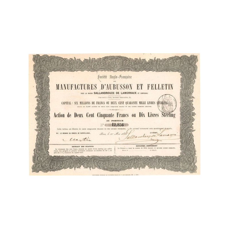 Sté Anglo-Française des Manufactures d'Aubusson et Felletin sous la Raison Sallandrouze de Lamornaix et Cie (Act 250 F)