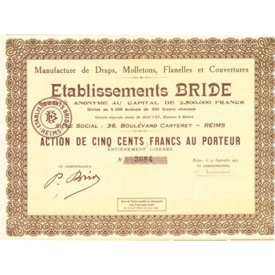 Manufacture de Draps. Molletons. Flanelles et Couvertures - Ets Bride (Act 500 F)