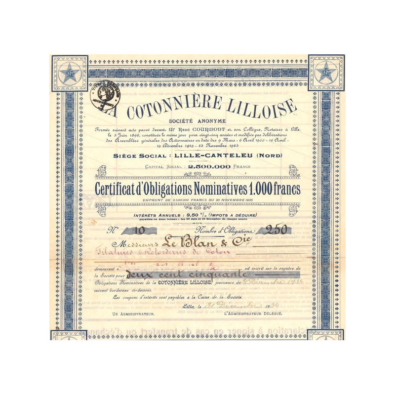 La Cotonnière Lilloise (Certif d'Obl Nomin 1000 F)