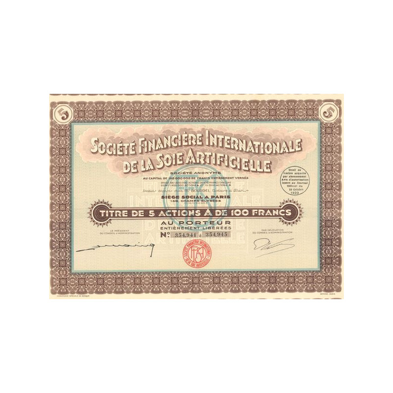 Sté Financière Internationale de la Soie Articielle (Titre 05 Act A 100 F)