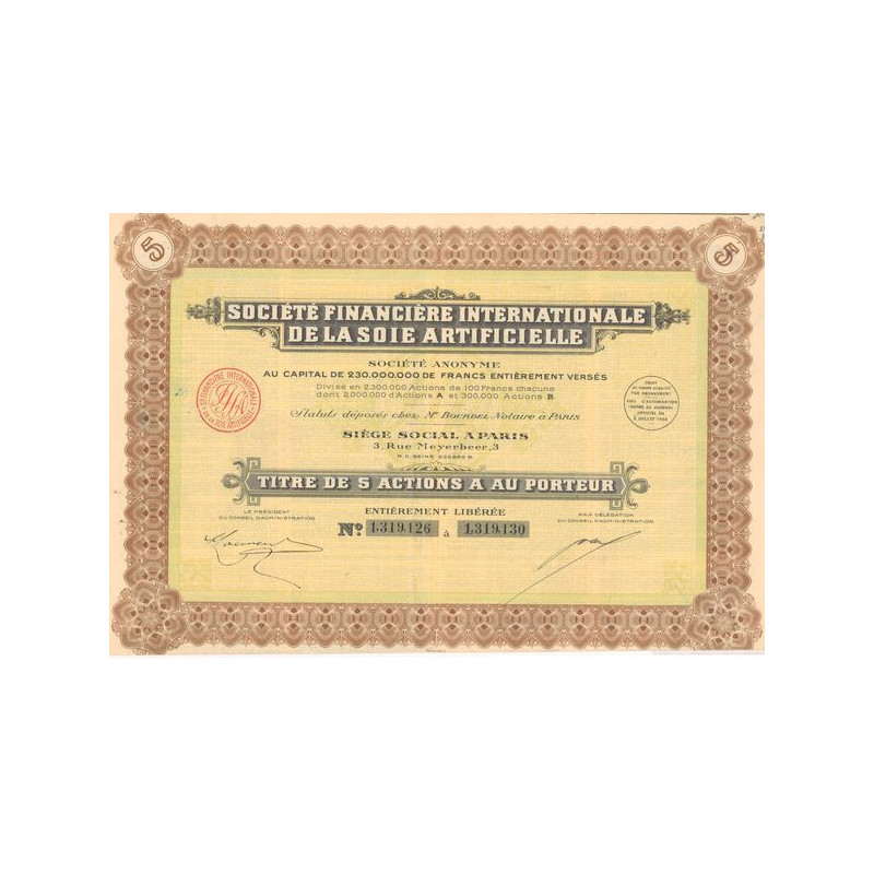 Sté Financière Internationale de la Soie Articielle (Titre 05 Act A 100 F) (Modele 2)