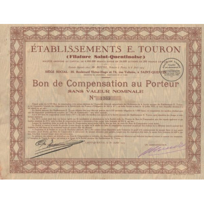 Etablissements E.Touron (Filature St-Quentinoise) (Bon de Compensation 200 F)