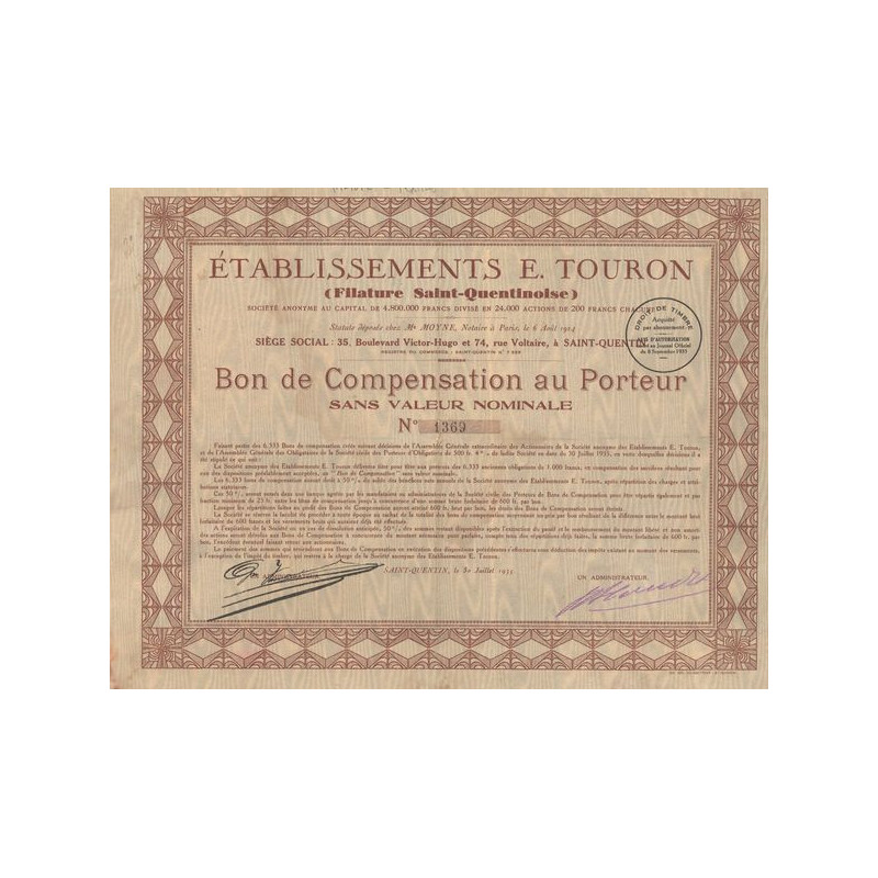 Etablissements E.Touron (Filature St-Quentinoise) (Bon de Compensation 200 F)