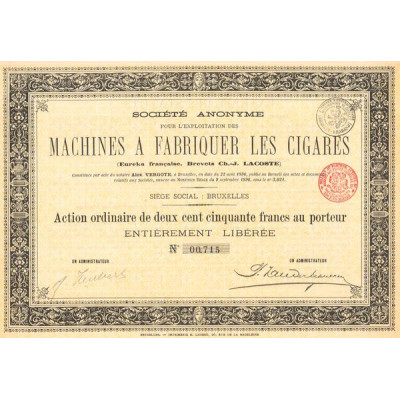 S.A. pour l'Exploitation des Machines à Fabriquer les Cigares (Eureka Française. Brevets Ch.-J Lacoste) (Act Ordin 250 F)