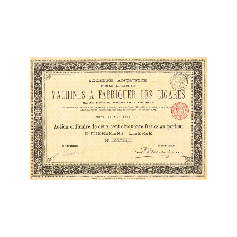 S.A. pour l'Exploitation des Machines à Fabriquer les Cigares (Eureka Française. Brevets Ch.-J Lacoste) (Act Ordin 250 F)