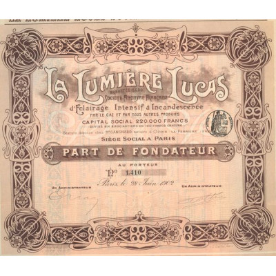 La Lumière Lucas - Brevetée S.G.D.G. - S.A. Française d'Eclairage Intensif à Incandescence par le Gaz et par Tous Autres Produit