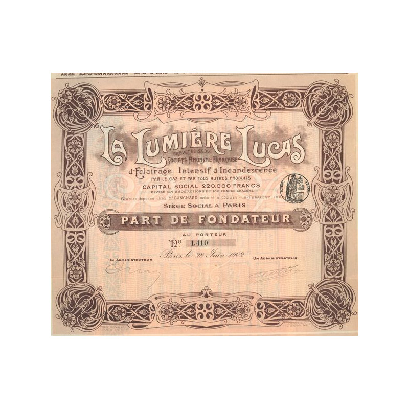La Lumière Lucas - Brevetée S.G.D.G. - S.A. Française d'Eclairage Intensif à Incandescence par le Gaz et par Tous Autres Produit