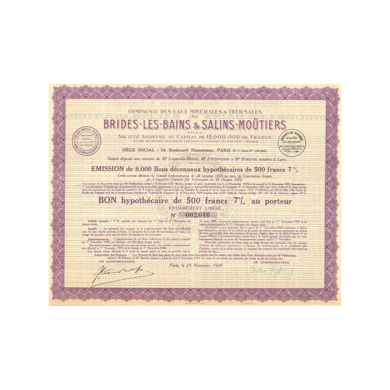 Cie des Eaux Minérales et Thermales de Brides-les-Bains et Salins-Moutiers (Bon 500 F 7%)