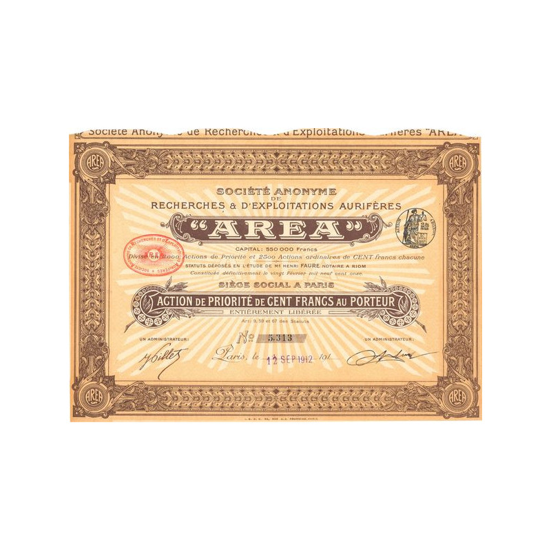S.A. de Recherches & d'Exploitations Aurifères "Area" (Act Prio 100 F)