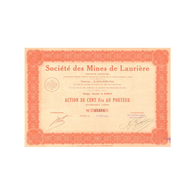 Sté des Mines de Laurière (Act 100 F)
