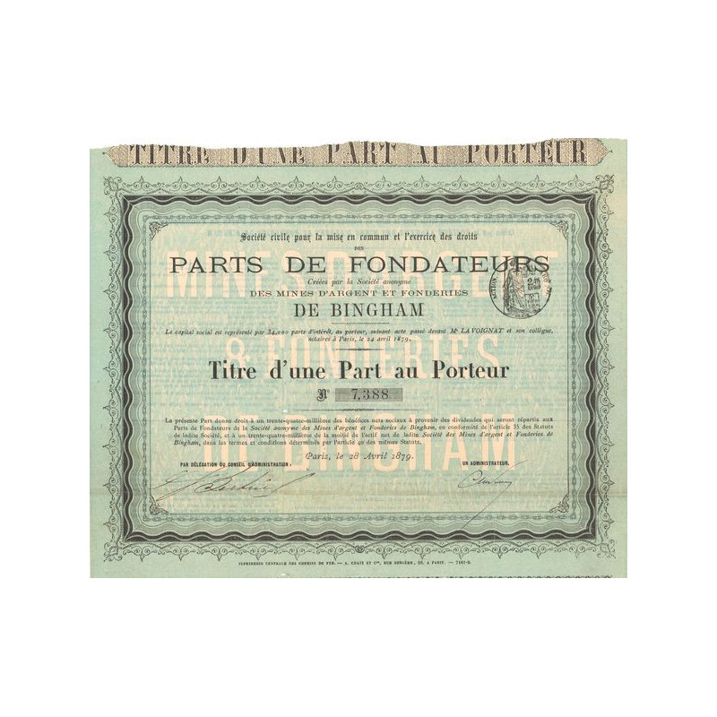 Sté Civile pour la Mise en Commun et l'Exercice des Droits des Parts de Fondateurs des Mines d'Argent et Fonderies de Bingham (T